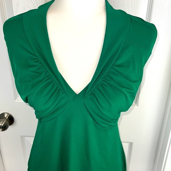 AB Studio Green Short Sleeve Babydoll Y2K Plunge Neck Business Casual Blouse - Picture 2 of 7